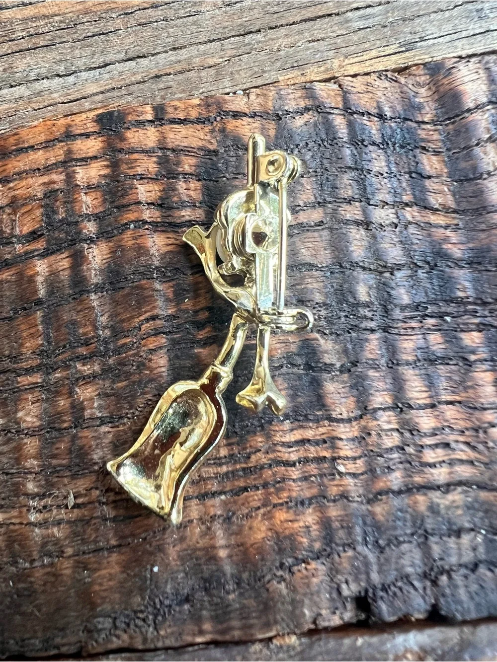 Gold-tone Enamel Witch on Broomstick Brooch - Red & Black Detail
